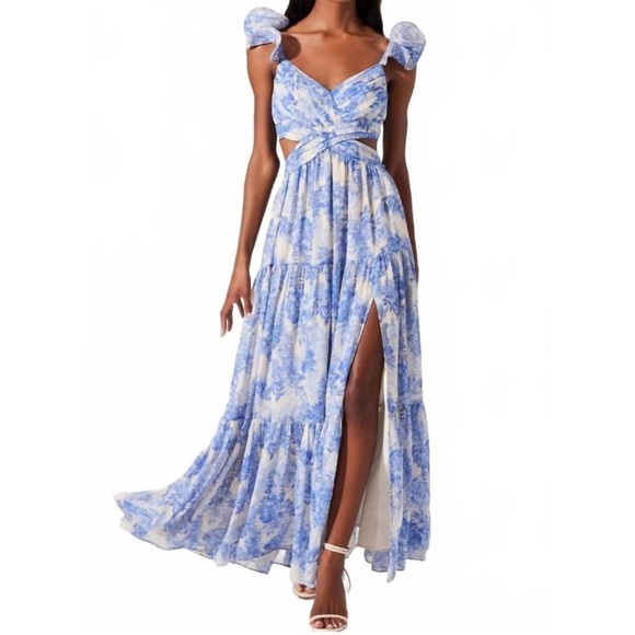 ASTR Dresses & Skirts - Astr Blue White Fritillaria Floral Cutout Maxi Dress